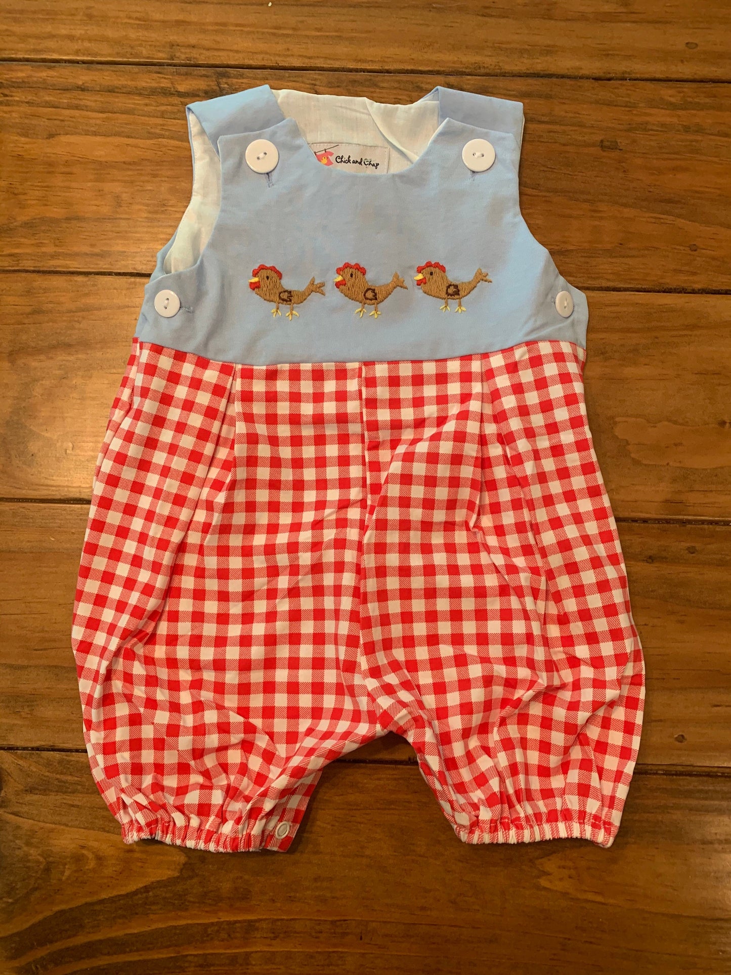 Blue & Red Gingham Knit Chickens Boy Bubble