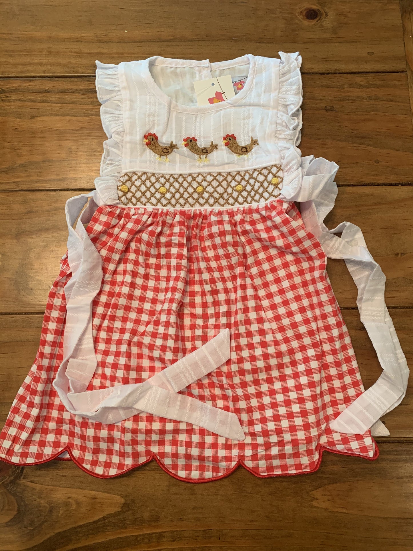Red Gingham Knit Chickens Dress