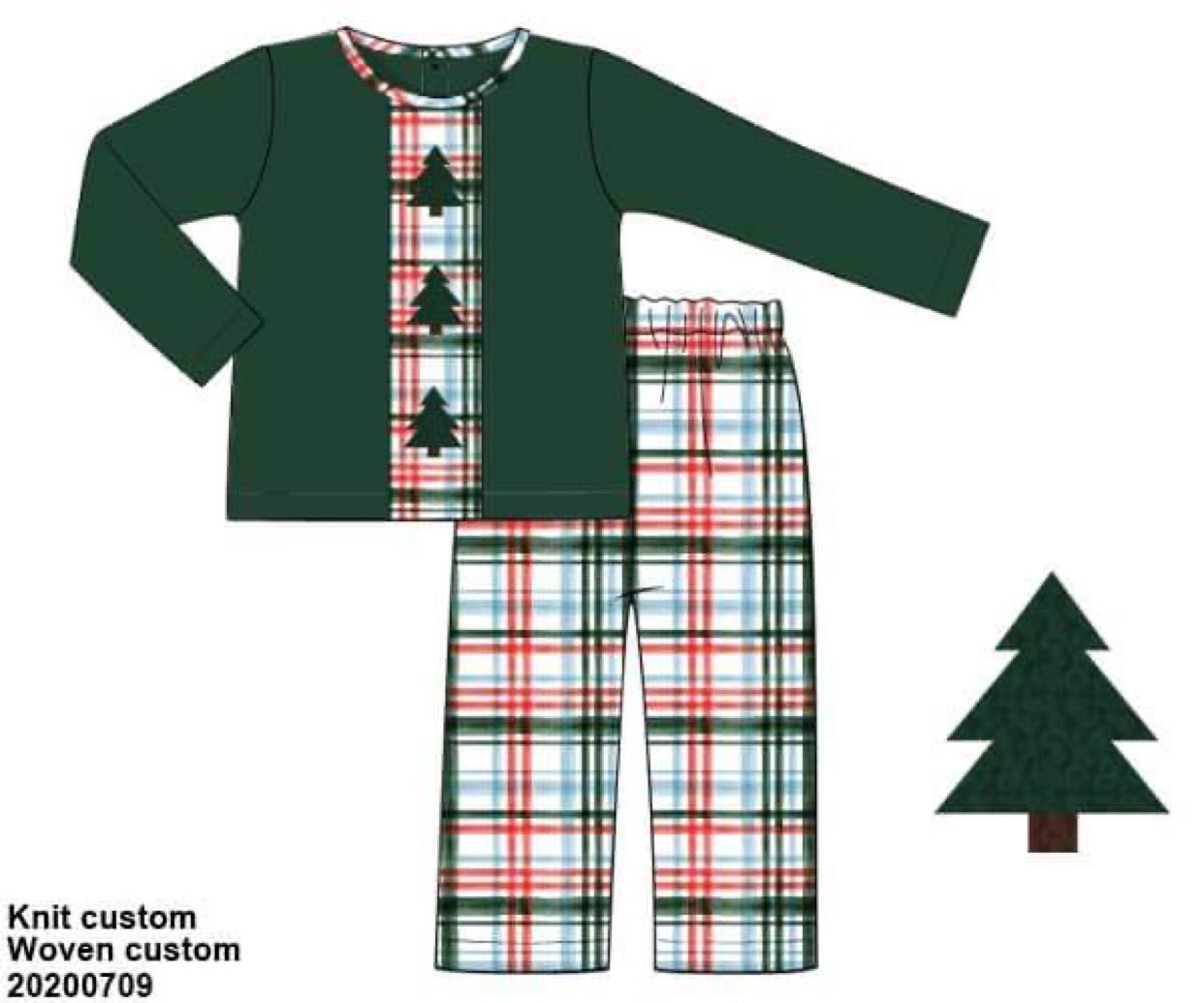Green Knit w/Plaid French Knot Christmas Trees Boy Pants Set