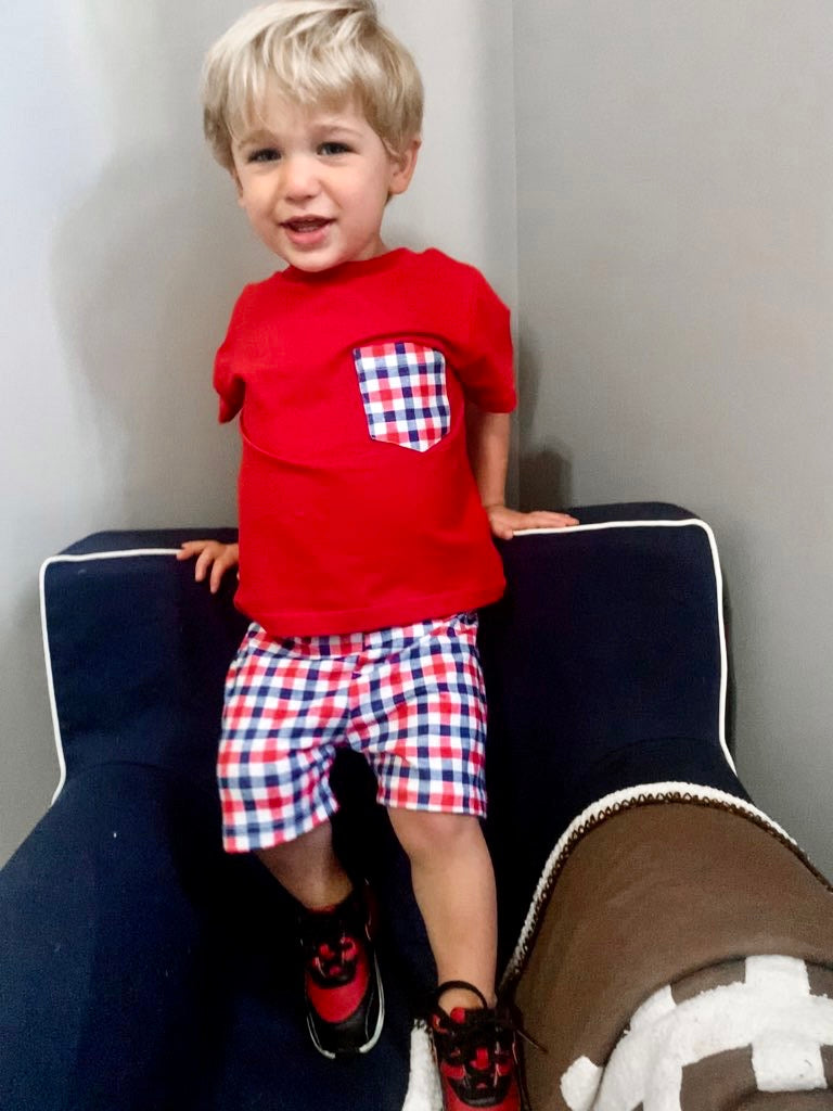 Red/Navy Plaid Knit Boy Shorts Set